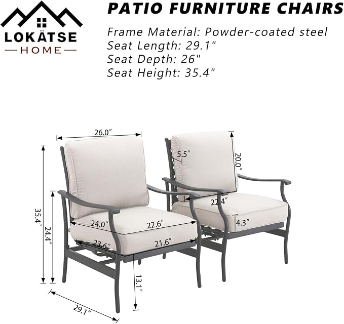 LOKATSE Home C-Spring Patio Chairs Set of 2, Outdoor Metal Motion Conversation Chairs with Gentle Bounce, 5.1" Extra Thick Blue Cushions Deep Seating Furniture for Deck & Porch