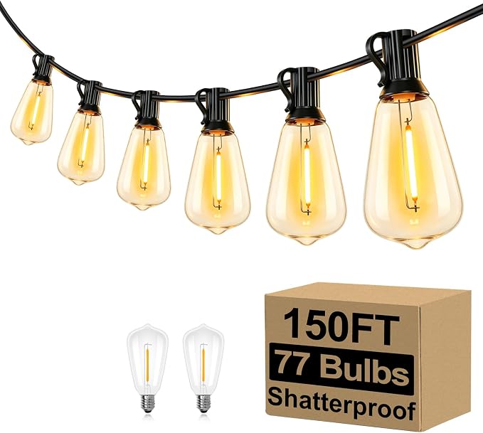Brightever LED String Lights Outdoor Waterproof, 150FT 2200K Dimmable Patio Lights with 77 Shatterproof ST38 Vintage Edison Bulbs, Outside Hanging Light for Porch, Deck, Garden, Backyard, Balcony