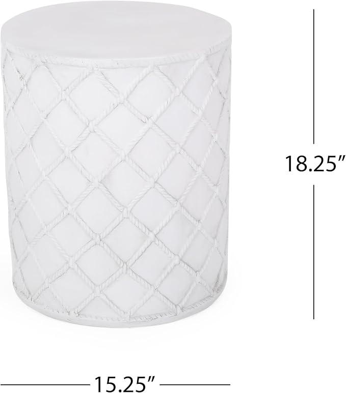 Merax Round Cylindrical End Table 15" Dx18 H Outdoor Patio Lightweight Concrete Side Table Modern Aesthetic Accent Table, Grid Pattern, Antique White