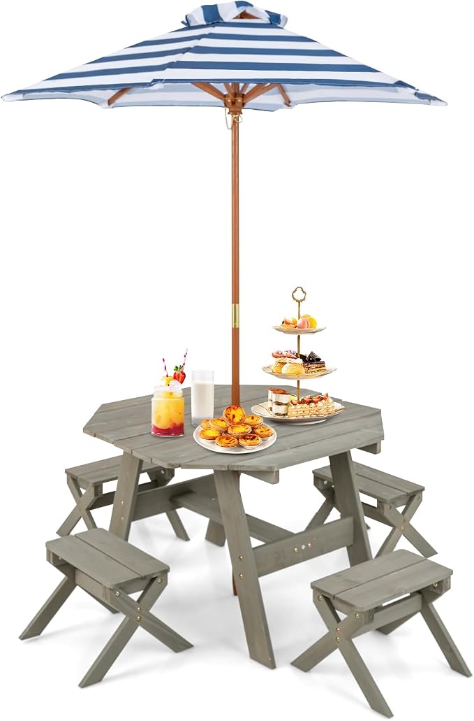 KOTEK Kids Picnic Table, Fir Wood Foldable Toddler Octagon Table and Chairs with Height Adjustable Umbrella, Indoor Children Art Play Table, Activity Kids Outdoor Table for Backyard & Patio (Grey)