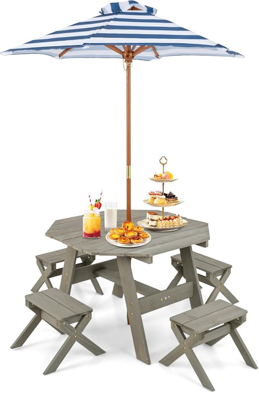 KOTEK Kids Picnic Table, Fir Wood Foldable Toddler Octagon Table and Chairs with Height Adjustable Umbrella, Indoor Children Art Play Table, Activity Kids Outdoor Table for Backyard & Patio (Grey)