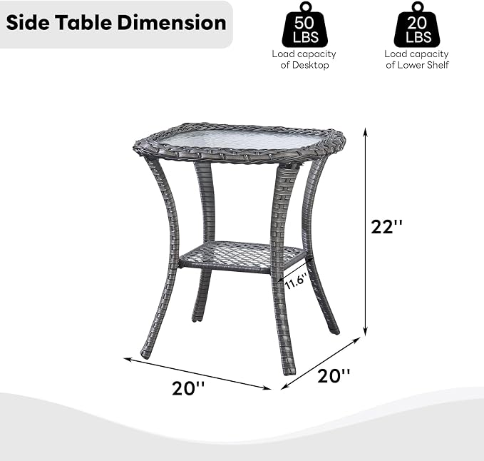 Belord Rattan Patio Side Table, 2 Tier Hand Woven Wicker Bistro Table, 5 mm Frost Glass Top Square Table, Grey Wicker