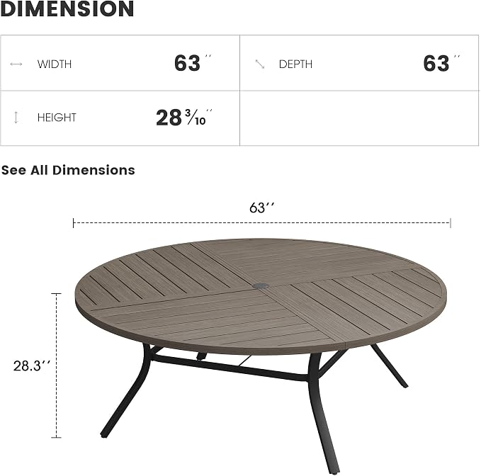 Patio Dining Table for 8-10, Round Metal Outdoor Table with Storage Shelf, 1.57" Umbrella Hole, 63" Outdoor Quartered Tabletop Dining Table for Backyard, Porch, Lawn, Grey