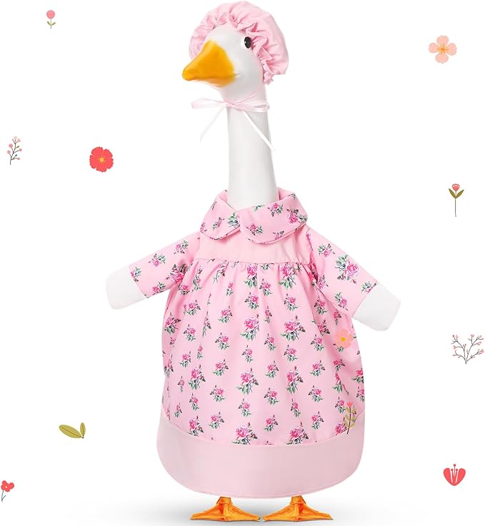 FuWeave Summer Spring Goose Outfit Pink Flower Porch Goose Clothes for 23" Large Statue Outdoor Patio Yard Lawn Art Decoration