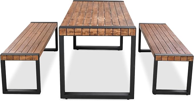 Merax 3 Pieces Acacia Wood Outdoor Dining Set, Patio Dining Table Sets with 2 Benches, Ideal for Backyard, Patio, Garden, Balcony, All Weather Resistant Use Furniture, Solid Steel Frame, Natural