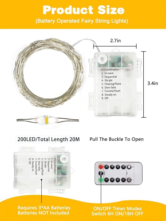 2 Pack 200 LED Fairy Lights Battery Operated with Remote, 66 FT Warm White | Cuttable, 8 Modes, Memory, Dimmable, Waterproof Battery String Lights with Timer for Indoor Outdoor, Christmas Decorations