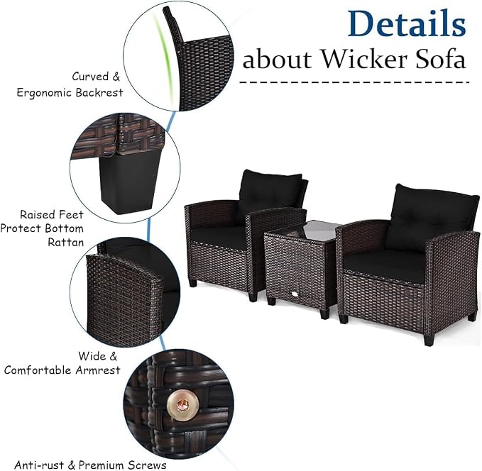 HOMGX 3 Pieces PE Rattan Wicker Patio Sofa Chairs, Outdoor Furniture Conversation Sets with Washable Cushion & Glass Table, Rattan Sofa Set for Balcony, Porch, Yard, Backyard, Lawn, (Black)