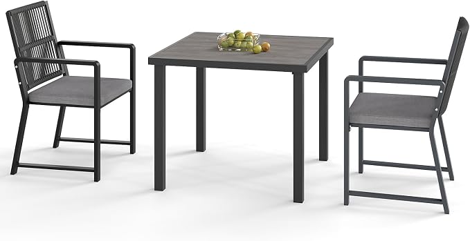 3 Pieces Outdoor Dinning Set Featuring 1 Aluminum Table and 2 Iron Alloy Ratten Chairs Waterproof and Rust-Proof Courtyard Style Table Garden Balcony Poolside, Black 3 Pcs