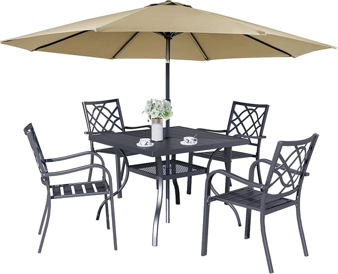 Crownland 5 Piece Patio Dining Set, 4 Stackable Metal Chairs and Square Outdoor Dining Table with 9FT Round Khaki Outdoor Umbrella, Metal Tabletop
