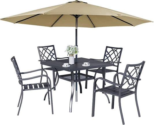 Crownland 5 Piece Patio Dining Set, 4 Stackable Metal Chairs and Square Outdoor Dining Table with 9FT Round Khaki Outdoor Umbrella, Metal Tabletop