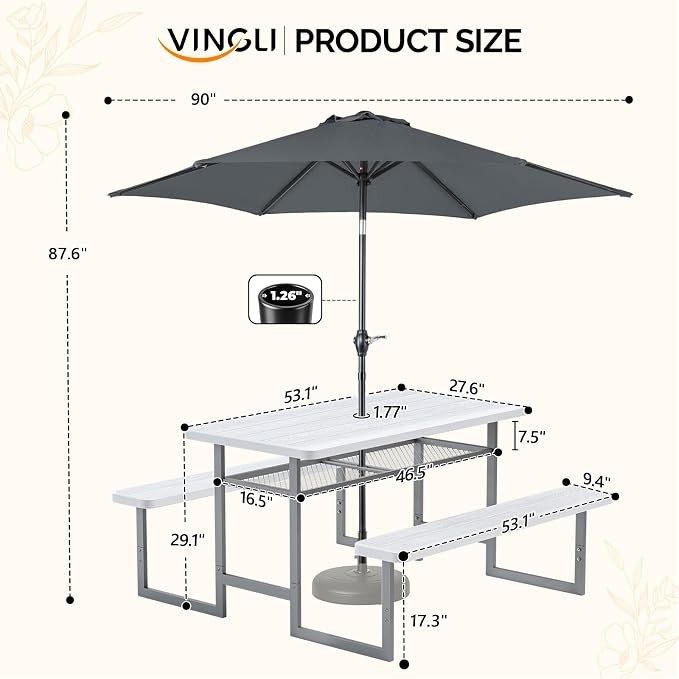 VINGLI 4.5ft Outdoor Picnic Table with Storage Shelf & 7.5 ft Umbrella, Wood Grain HDPE Top with Metal Frame Plastic Picnic Table for Dining Party Garden (White Table)
