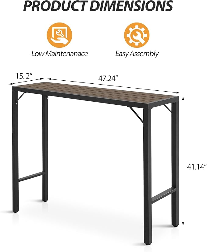 Outdoor Bar Table, 47” Patio Bar Height Table, Bar Counter Pub Dining Table with Waterproof Top for Balcony, Garden, Yard, Poolside (Brown)