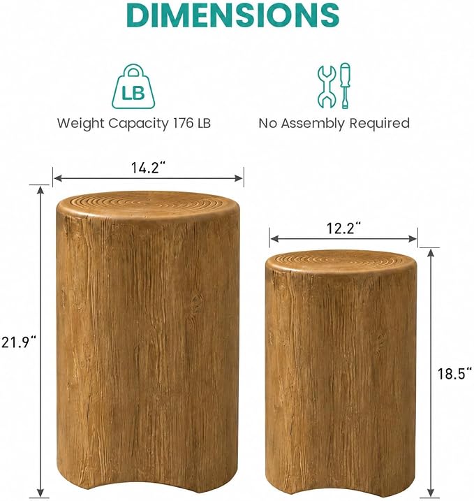 SUNBURY Concrete Side Table Set of 2, Outdoor Side Table Nesting for Patio, Outdoor Accent Table Patio End Table in Woodgrain, Ceramic for Balcony, Courtyard, Round, Light Brown
