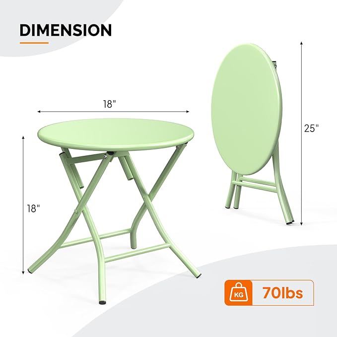 VINGLI Patio Metal Folding Side Table, Portable Small Outdoor Folding Round Table, Perfect for Indoor and Outdoor Spaces Like Balconies, Backyards, Porches, and Patios.Green（1 Pack）