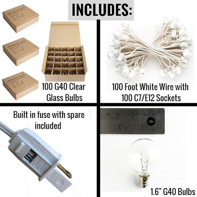 100 Foot G40 Globe String Lights with Clear Bulbs (100 Foot - White Wire) | Great for Weddings, Bistro, Cafe, Market and Tent Lighting
