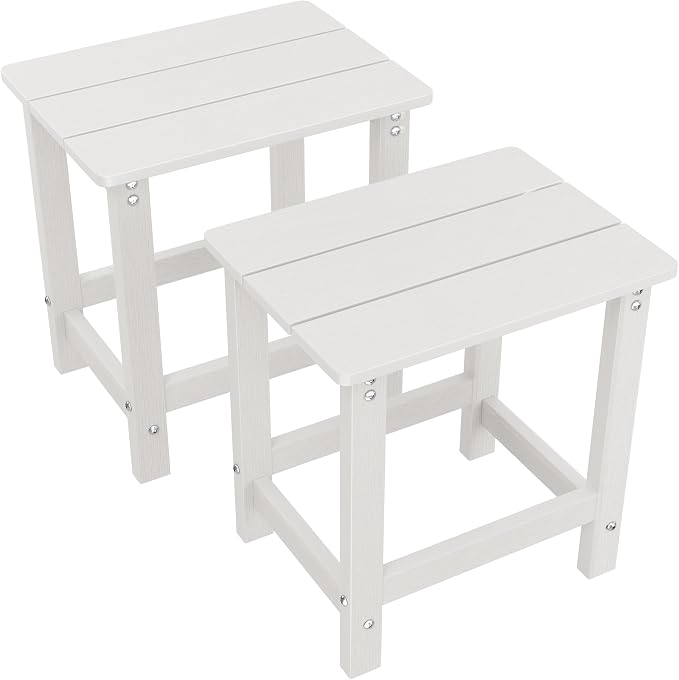 MXIMU Outdoor Side Table Set of 2: Heavy-Duty Sturdy Warp Resistant Adirondack Table - Wood Grain Finish Outdoor End Tables - Easy Assembly & Low Maintenance Patio Side Table White
