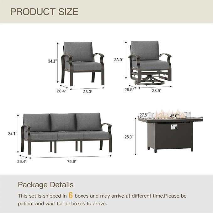 Aluminum Patio Furniture Set with 55,000 BTU Propane Fire Pit Table, 10 Seats Metal Modern Outdoor Furniture w/5.1" Cushions, Sectional w/Swivel Chairs for Backyard, Grey