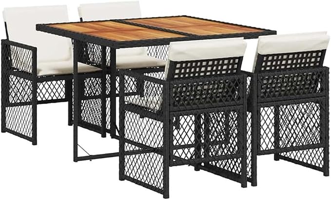 Afuera Living 5 Piece Patio Dining Set, UV-Protected Poly Rattan and Solid Acacia Wood, Black/Cream White, Foldable Chairs with Cushions, Modern Outdoor Furniture for Garden, Terrace, or Patio Use