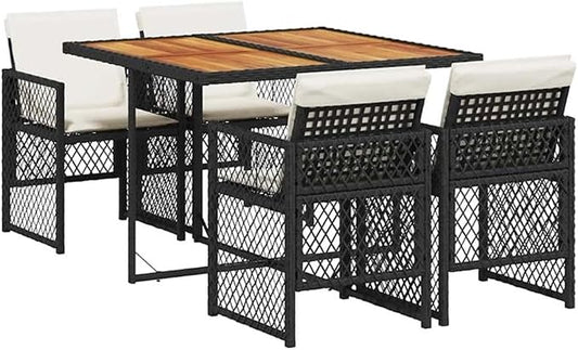 Afuera Living 5 Piece Patio Dining Set, UV-Protected Poly Rattan and Solid Acacia Wood, Black/Cream White, Foldable Chairs with Cushions, Modern Outdoor Furniture for Garden, Terrace, or Patio Use