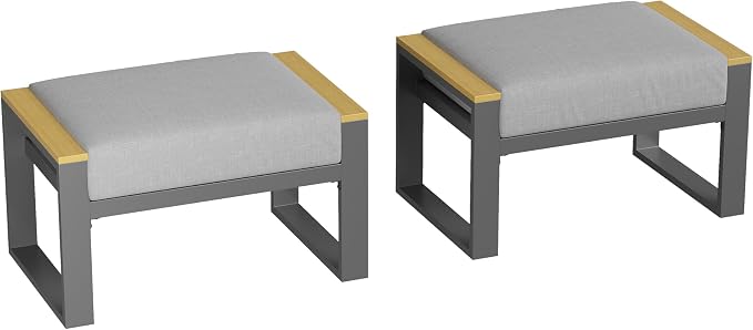 Aluminum Patio Ottoman Set of 2 - Outdoor Footstools with Cushions - Small Metal Garden Chairs - Ideal for Balcony, Deck, Backyard - Outdoor Furniture, Grey