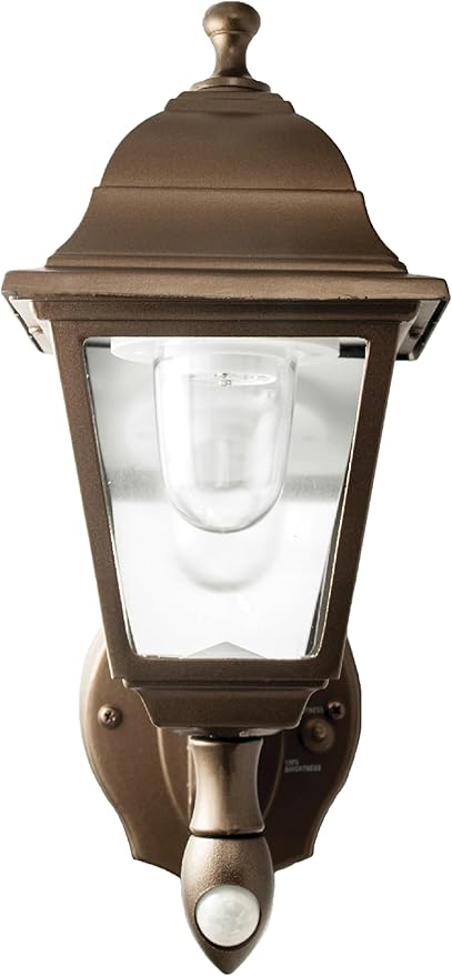 MAXSA 46219 Battery-Run Motion-Activate Outdoor Metal Wall Sconce Bronze | Metal and Glass Battery-Powered, No Wiring Needed, 13x8.5x6" Automatic Operation, Easy Installation Bronze Cool White LEDs