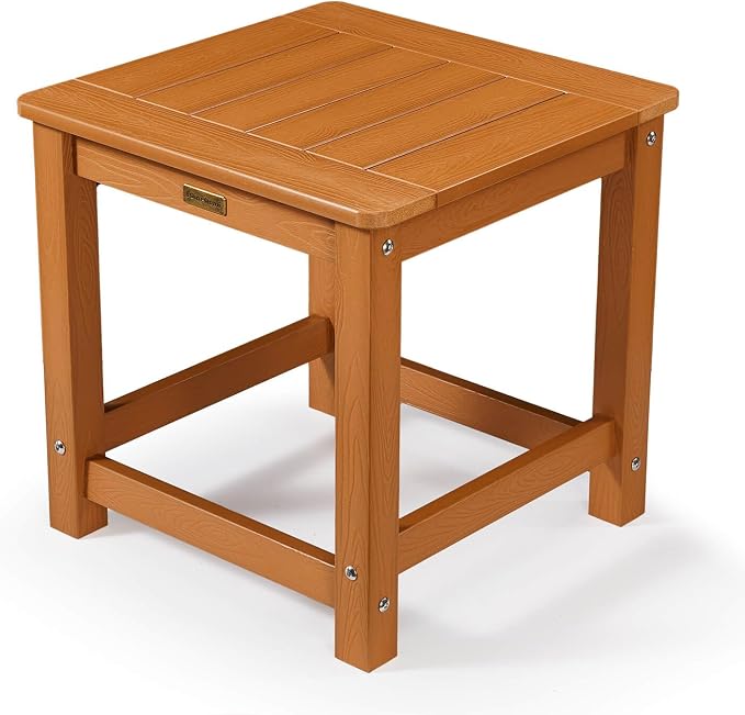 Outdoor Side Table, HIPS Plastic Composite Adirondack Patio Table, Weather Resistant End Tables for Outside, Indoor, Patio, Garden, Pool, Porch, Backyard, Lawn, Deck - Teak