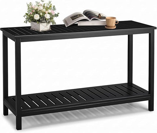 VINGLI 49in 49.21" Solid Wood Outdoor Console Table, 2-Tier Patio Buffet Bar Table, Multi-Functional Storage Sideboard for Garden, Porch, Balcony (Black)