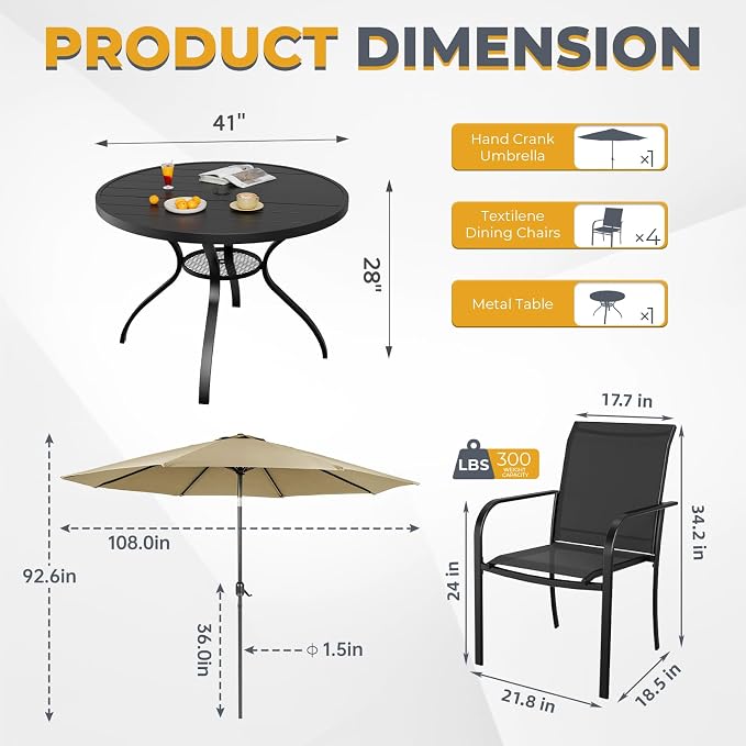 5-Piece Patio Dining Set with Umbrella,4 Person Outdoor Table and Chairs Set, 4 Metal Dining Chairs and Round Outdoor Table with 1.57" Umbrella Hole,Black