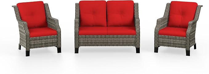 3 Piece Patio Furniture Set, 2-Seater Loveseat and 2 Chairs, Rattan Conversation Set with Deep Seating and Olefin Cushions, for Outdoors, Backyard, Porch, Deck, Garden, Red