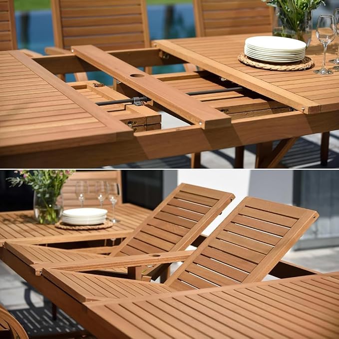 Urban Elements Frida Rectangular Extendable Patio Furniture Set | 100% Certified Teak Finish | Backyard Furniture, Outside Table and Chairs, Rectangular Outdoor Dining Set (White, 13-Piece)