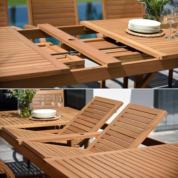 Urban Elements Frida Rectangular Extendable Patio Furniture Set | 100% Certified Teak Finish | Backyard Furniture, Outside Table and Chairs, Rectangular Outdoor Dining Set (Sand, 13-Piece)