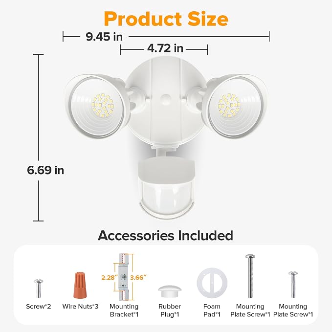 UME LED Security Light Motion Sensor Outdoor Lights, 27W 3500LM, 5000K, IP65 Waterproof, Dusk to Dawn, 2 Head Motion Detector Flood Light for Outside, Garage, Yard (White)