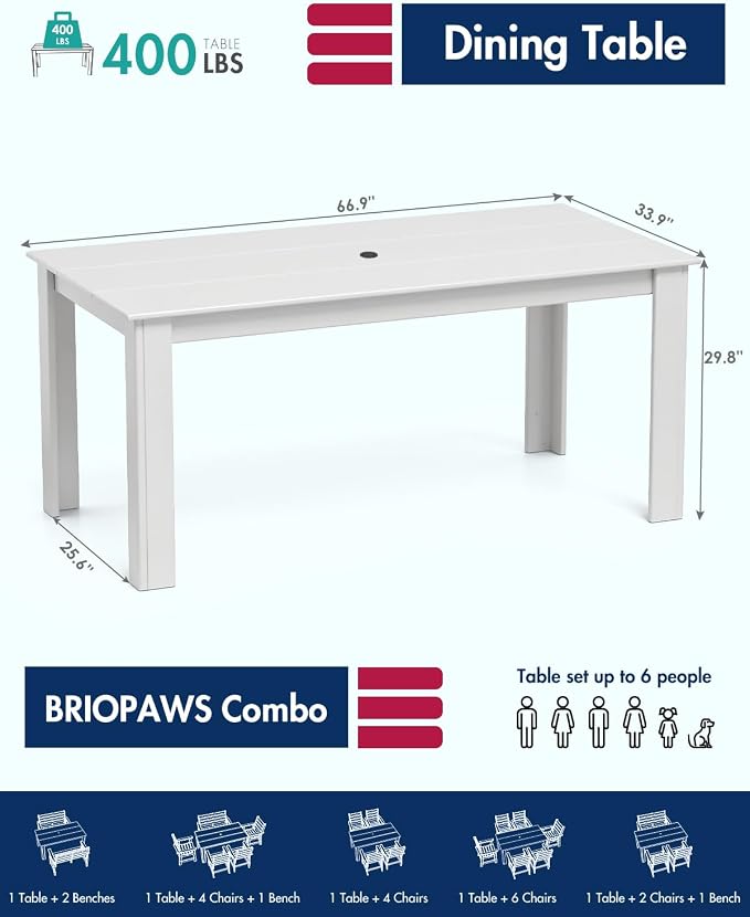 BRIOPAWS Outdoor Dining Table | HDPE | 67” Patio Rectangle Tables | All Weather | Umbrella Hole | Patio Furniture Set for 4-6 Person | White