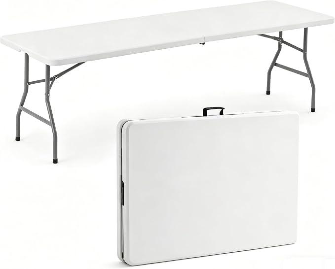 6 FT Heavy Duty Folding Table, Portable Plastic Table with Steel Legs & Carry Handle, Fold-in-Half Design for Indoor Outdoor, Party, Picnic, Camping, Dining (White)