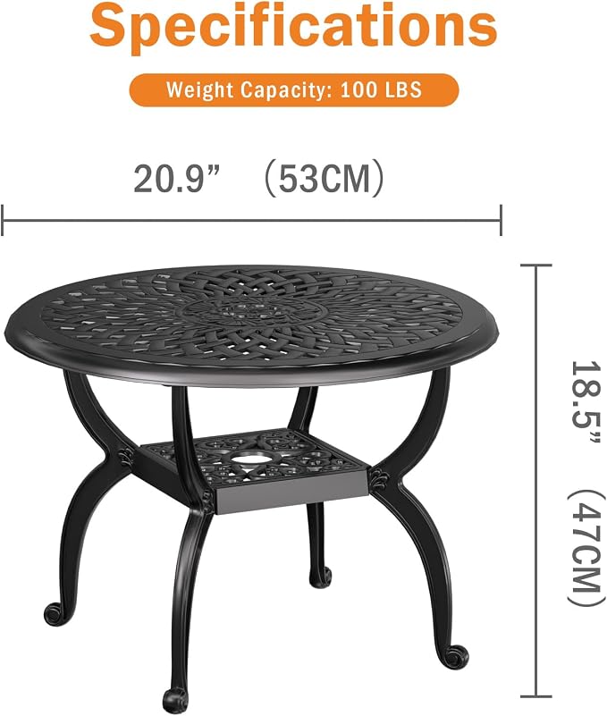 21" Patio Bistro Table, Cast Aluminum Side Table, Outdoor End Table for Garden/Yard/Pool/Porch, Black