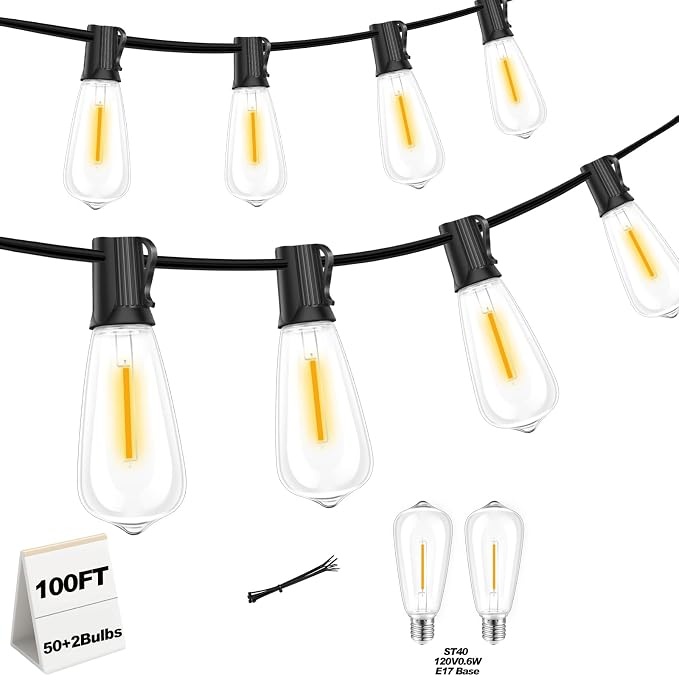 100FT LED Outdoor String Lights Waterproof, Edison Lights for Outside | with 52 Shatterproof Vintage Edison Bulbs Connectable Hanging Patio Lights for Yards Balcony Porch Bistro Garden Decor