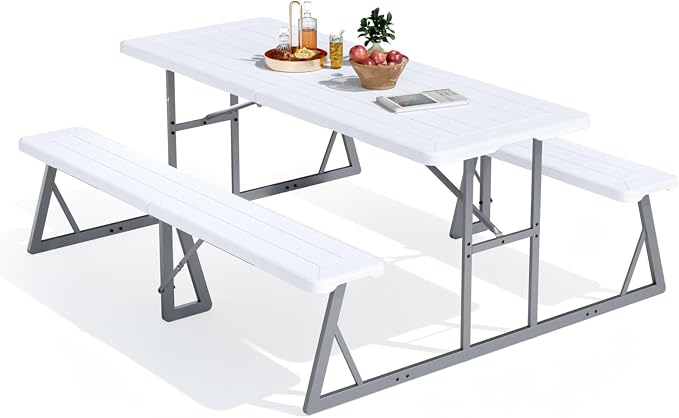VINGLI Outdoor Picnic Table with Umbrella Hole, 6FT All Weather Metal Frame HDPE Tabletop Plastic Picnic Table for Dining Party Garden(White)
