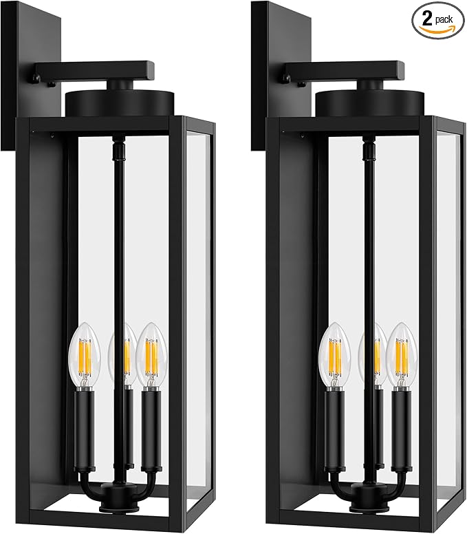 BesLowe 20’’ Large Outdoor Wall Lights, Modern Black Exterior Wall Lanterns | Waterproof Metal Construction, Rust-resistant, Quick & Easy Installation, Clear Glass Shades & E12 Socket