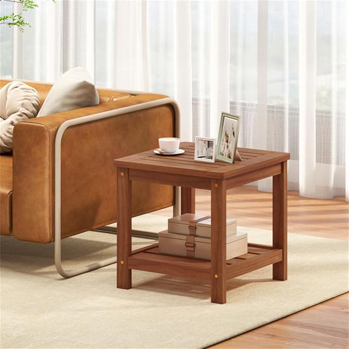 Outdoor Side Table, 2-Tier Solid Wood Patio End Table with Storage Shelf, 18 Inch Square Coffee Table with Teak Oil Finish for Garden, Poolside, Balcony and Living Room, Natural