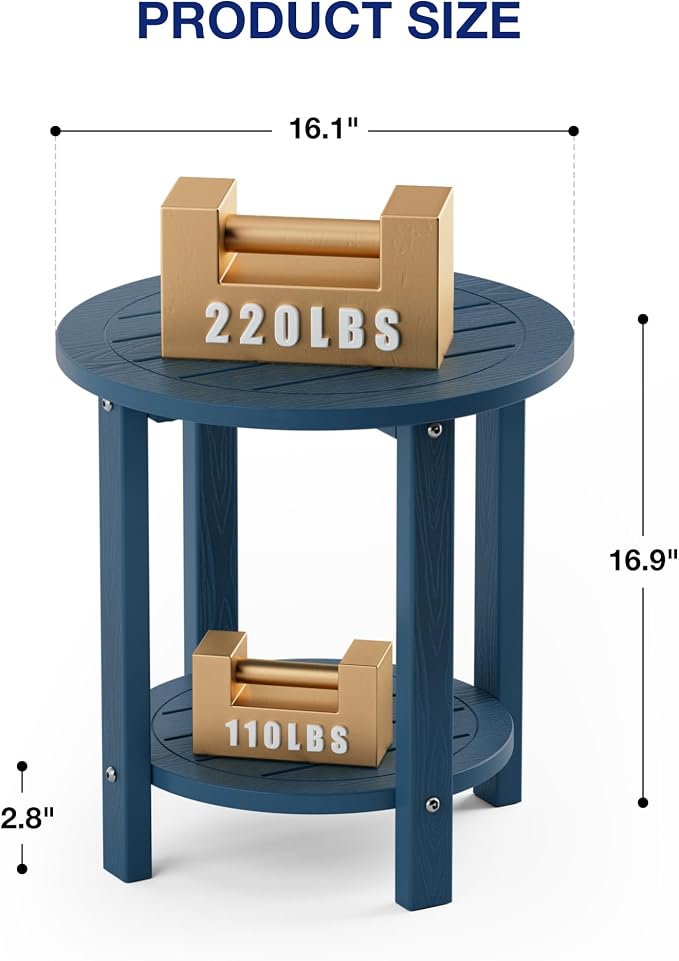 YEFU Outdoor Side Table for Patio: 16in HIPS Small Round Outdoor End Table - 2-Tier Adirondack Tables for Porch Patio Yard Poolside Living Room Beach Bedroom (Navy, 2 Pack)