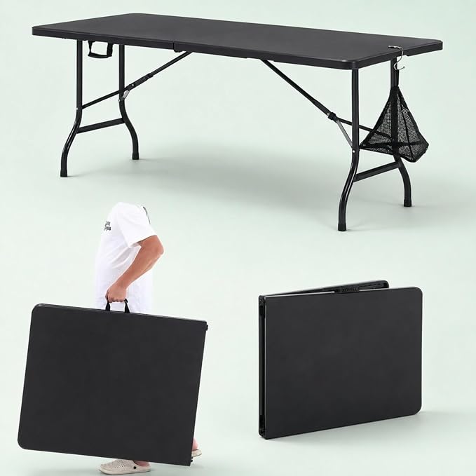 VECELO 6Ft Folding Picnic Table, Indoor Outdoor Plastic Portable Foldable Desk with Handle, Mesh Trash Bag&Lock Legs Heavy Duty for Camping, Dining, Party, Black