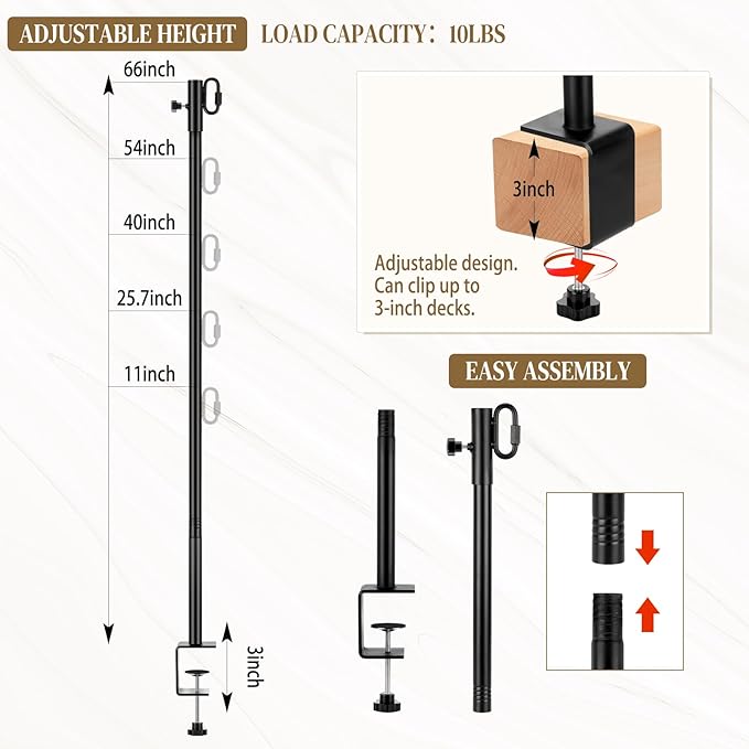 6 Pack Deck String Light Poles with Adjustable 3" Clamp, Outdoor Light Poles for String Lights Christmas Garden Backyard Deck Fence Railing Hanging Bird Feeders, Lanterns, Wind Chimes (28 Inch)