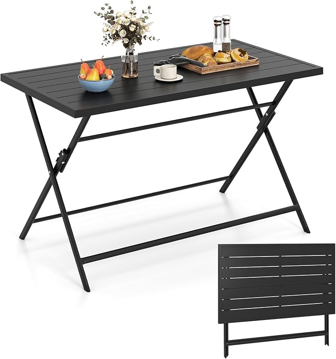 Giantex Folding Outdoor Dining Table for 4-6 Person, 48"x30" Rectangular Metal Patio Table with Large Tabletop, Foldable Outside Dinner Table for Garden Backyard Picnic (Black)