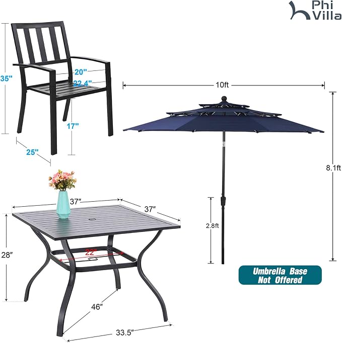 PHI VILLA 5 Pcs Outdoor Dining Set with 10ft Umbrella | 37" Square Metal Dining Table & 4 Stacking Metal Chair with 3 Tier Red Umbrella for Patio, Deck, Yard, Porch