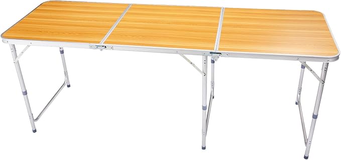 6 Ft Folding Portable Camping Table, Tri-fold Outdoor Picnic Table, Outdoor Camping Kitchen, BBQ, Picnic, Cooking, Beach, Garden, Party (Wood Color)