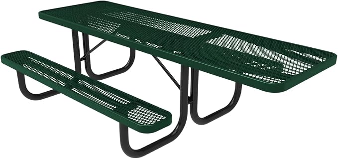 COATEDOUTDOORFURNITURE Heavy-Duty Portable ADA-Compliant Outdoor Picnic Table, Expanded Metal Patio Dining Furniture Made in America (8ft Rectangular, One-Side Handicap, Textured Green)
