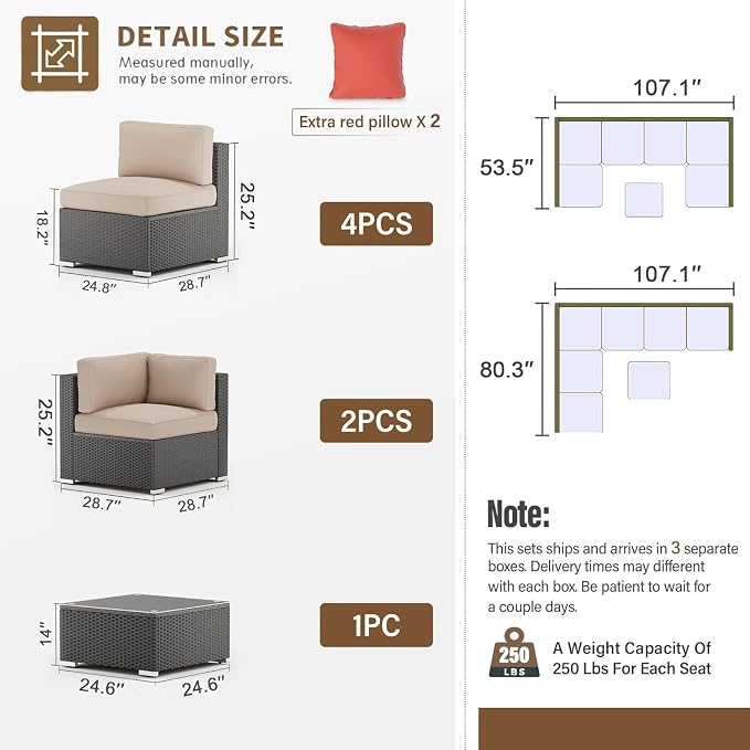 7 Piece Outdoor Sectional Sofa Patio Furniture Set Wicker with Cushions and Coffee Table, Outdoor Conversation Set for Backyard Garden Deck Lounge(Blue2)