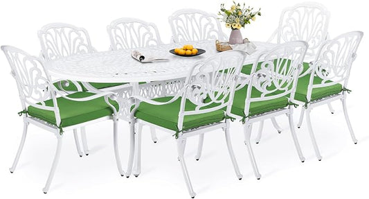 9-Piece Patio Dining Set, Outdoor Patio Table and Chair Set of 84” Oval Cast Aluminum Dining Table with Umbrella Hole and 8 Outdoor Dining Cushion Chairs, Patio Funiture Set, White