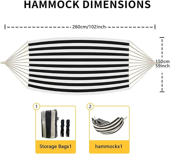 Cotton Canvas Hammock with Tree Straps - Portable Hammock for Outdoor Indoor Patio Backyard, Camping Hammock with Carry Bag, 440lbs Capacity, Without Stand(Black, Without bar)