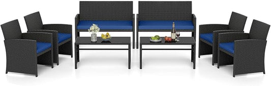 RELAX4LIFE 8-Piece Patio Furniture Set - Wicker Rattan Outdoor Sectional Sofa Set w/Glass Coffee Table, Loveseat, Chairs & Soft Cushions, Bistro Conversation for Garden Porch (2, Black-Navy)